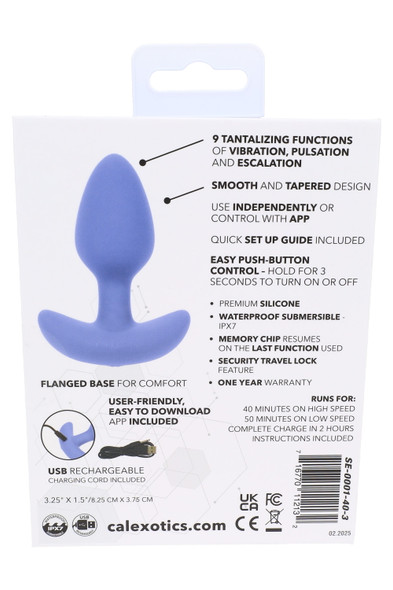 Back of CalExotics Connect Tapered Probe box showing 9 functions, IPX7 waterproof, USB rechargeable specs—retail-ready wholesale