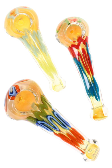 Assorted 3.5" silver-fumed spoon pipes with multicolor squiggle stripes for wholesale smoke shop inventory