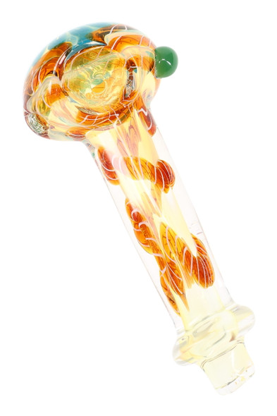 4" color-changing glass spoon pipe with orange swirl stripes, green marble and ring detail for B2B resale displays