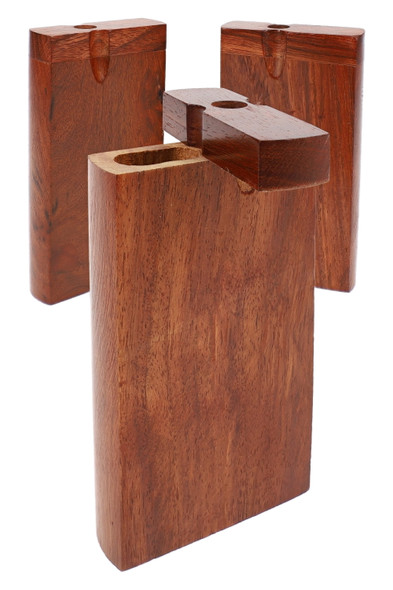 Three dark-stained wood dugouts with lids open, angled group shot; wholesale counter accessory assortment