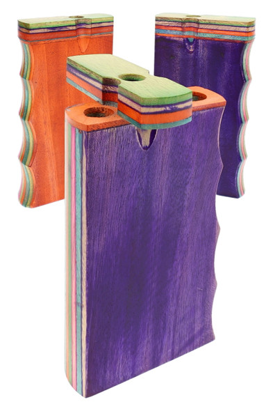 Three 4" multicolor wood dugouts with wavy single-grip sides, lids open; wholesale smoke shop add-on