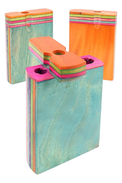 Three assorted 3" multicolor wood dugouts with rainbow edge layers, lids open; wholesale counter accessory