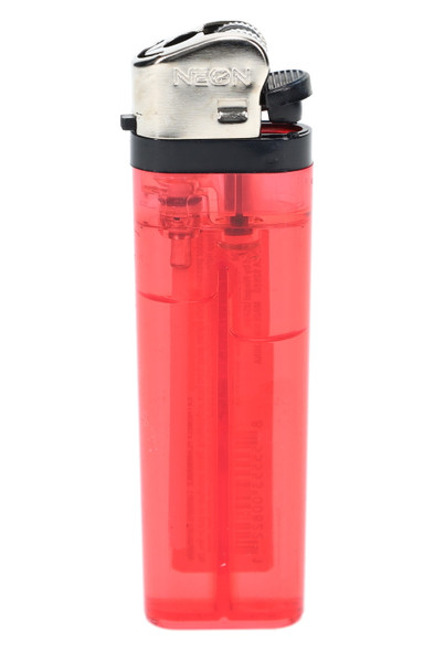 Single red translucent Neon disposable lighter, side view with flint wheel; retail smoke gear restock item