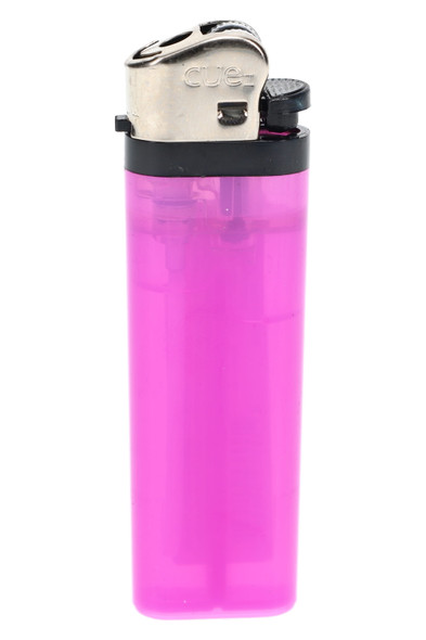 Single translucent pink Cue II disposable lighter, side view with flint wheel; wholesale checkout essential
