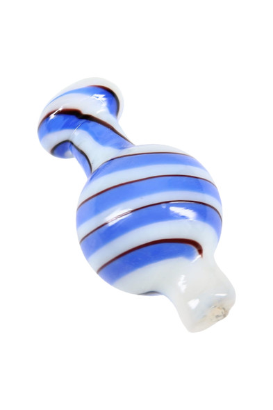 White glass bubble carb cap with blue spiral stripes, angled close-up—wholesale head-shop supplies add-on