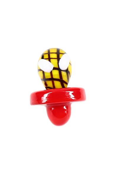 Yellow Spider Hero glass carb cap with black web lines and red base, front view—head-shop supplies add-on