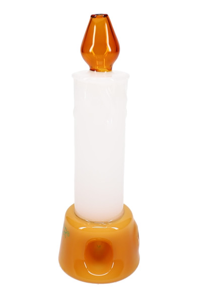 White candle-shaped glass hand pipe with amber flame mouthpiece and gold base, straight-on—head-shop supplies