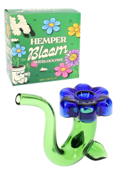 Hemper Bloom Sherlock pipe retail box with green glass body and blue flower bowl, wholesale hand pipe for resale