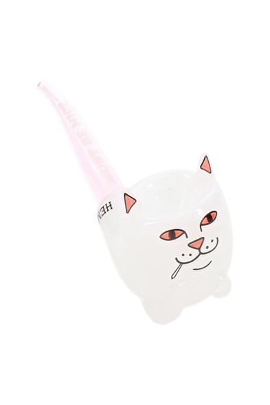 White Lord Nermal cat glass hand pipe with pink curved mouthpiece, angled view, head-shop supplies bestseller