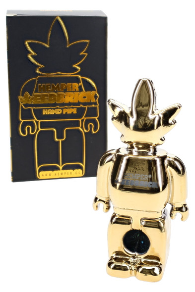 Hemper Weedbrick retail box with mirror-gold character glass hand pipe, wholesale hand pipe for resale