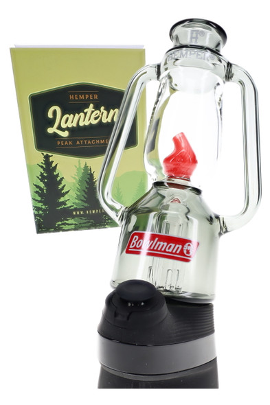 Hemper Lantern Peak attachment with retail box on device base, smoky glass and red flame, wholesale Puffco accessory