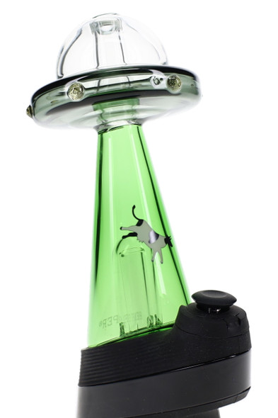 Close-up UFO Vortex Peak top, green cone chamber with cow graphic, angled wholesale head-shop supplies shot