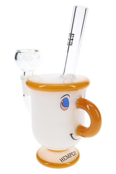 Side view 6" white tea cup glass bong with gold handle and clear mouthpiece, compact wholesale bong for resale