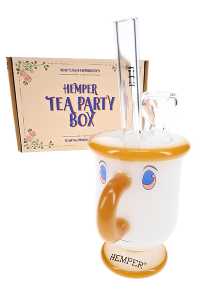 Hemper Tea Party Box with 6" tea cup glass bong, white and gold novelty piece for wholesale smoke shop supplies