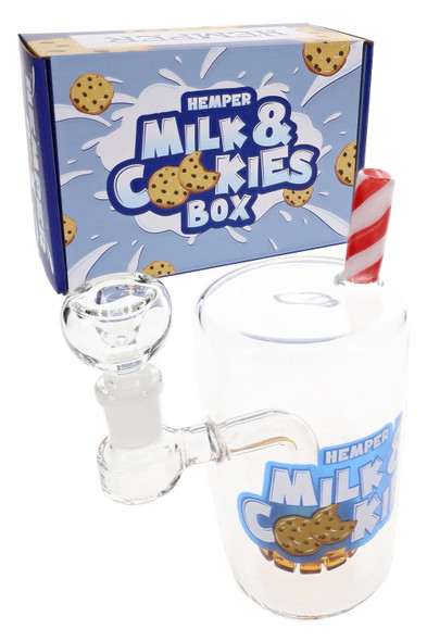 Milk & Cookies Box behind 6" glass “milk cup” bong with striped straw, wholesale bong for smoke shop resale