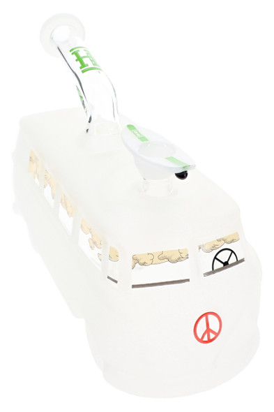 Angled view frosted Groovy Van XL glass bong with green Hemper mouthpiece logo, retail smoke gear restock item