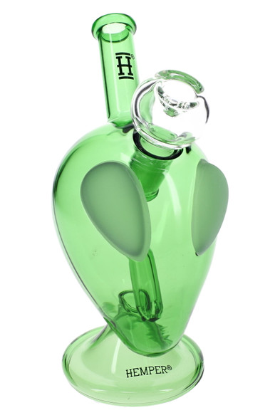 Green alien-head glass bong with frosted oval eyes and clear bowl, compact wholesale bong for resale cases