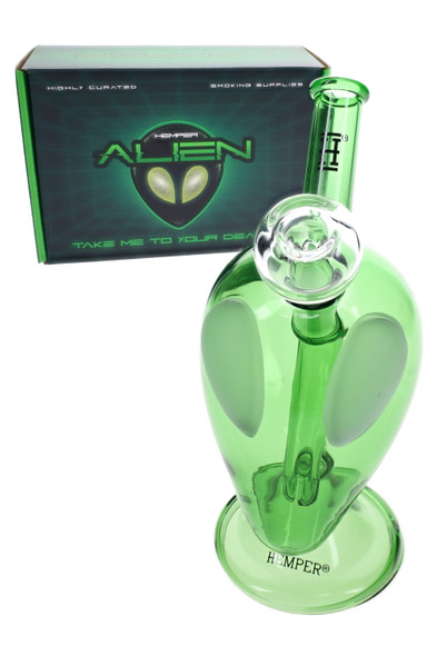 Hemper Alien box with green alien-head glass bong and clear bowl, wholesale bong for smoke shop displays