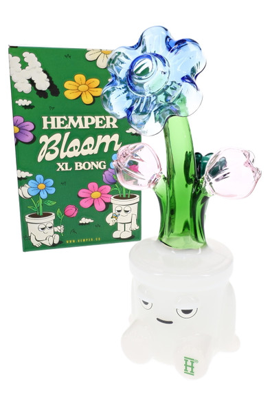 Hemper Bloom XL bong with green box, blue flower top and white character base—wholesale bong for display cases