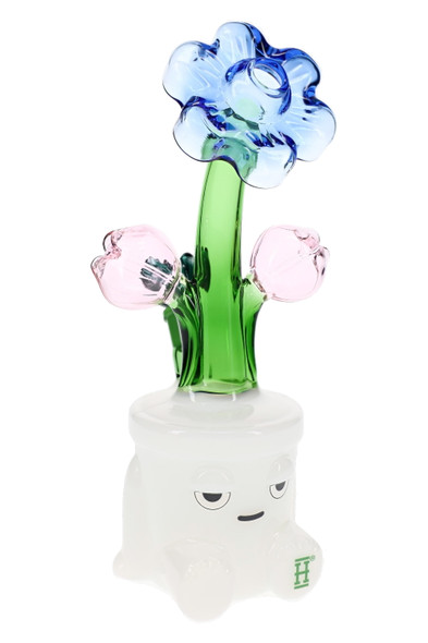 Front view Bloom XL glass bong with blue flower mouthpiece, green stem and pink buds—retail smoke gear restock