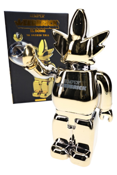 Boxed Hemper Weedbrick XL mirror-gold character bong at angle, wholesale bong for display-case merchandising