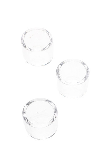 Three clear 19 mm quartz bucket inserts for dab accessory resale, top-down product image on white background