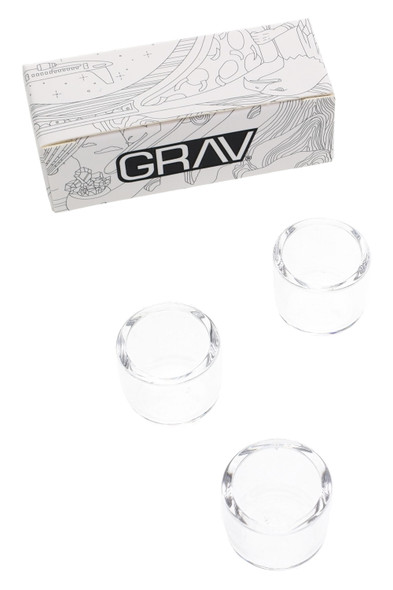Clear quartz bucket inserts with GRAV retail box, concentrate accessory 3-pack shown in angled packaging view