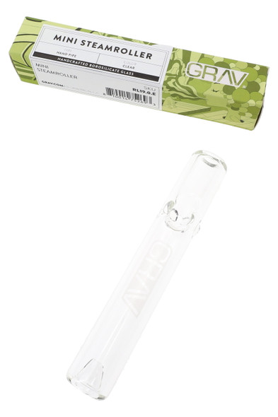 GRAV wholesale mini steamroller in clear borosilicate glass with branded retail box, angled product packaging view