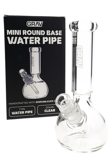 Clear 7" GRAV round base bong with retail box for smoke shop resale, compact borosilicate water pipe in packaging view