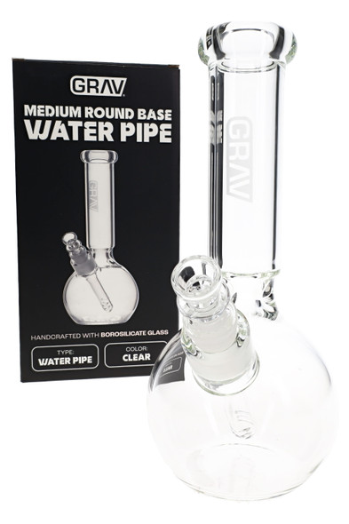 Clear 9.5" GRAV round base bong with retail box for smoke shop resale, borosilicate water pipe in packaging view