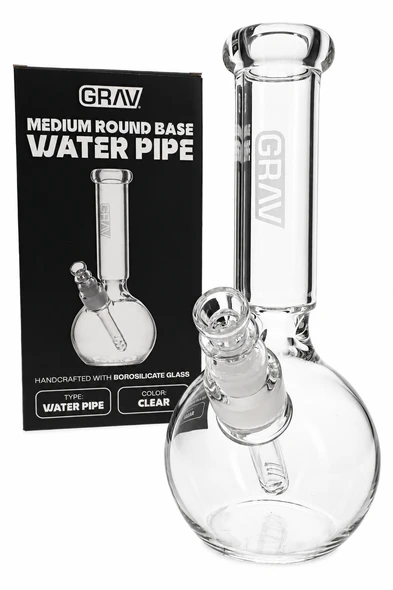 Clear 9.5" GRAV round base bong with retail box for smoke shop resale, borosilicate water pipe in packaging view