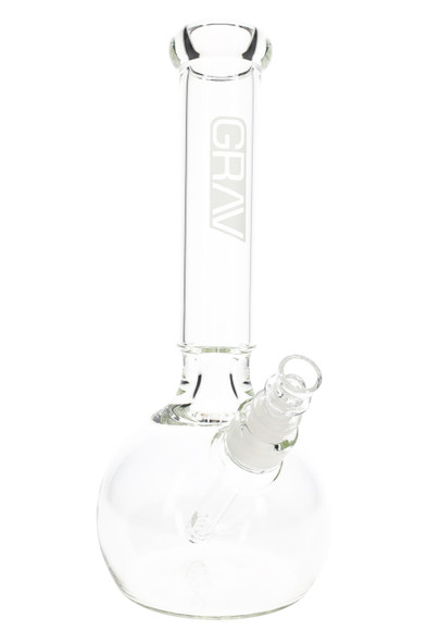 Clear 12" GRAV round base bong for head-shop supplies, large borosilicate glass water pipe in angled close-up