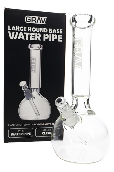 Clear 12" GRAV round base bong with retail box for smoke shop resale, borosilicate water pipe in packaging view