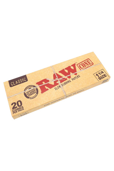 RAW Classic 1 1/4 cone pack for head-shop supplies, angled kraft 20-cone carton with red logo and size mark