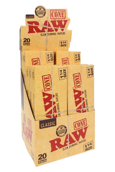 RAW Classic 1 1/4 cone display for wholesale rolling paper resale, open 12-pack counter box with kraft packs visible