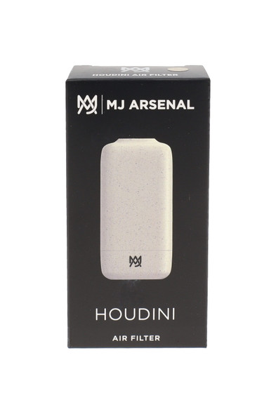 MJ Arsenal Houdini wholesale air filter box showing biodegradable plastic white speckled unit, front retail packaging