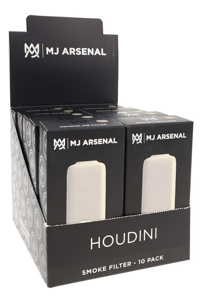 MJ Arsenal Houdini countertop display with 10-pack retail smoke gear boxes in black shelf-ready tray