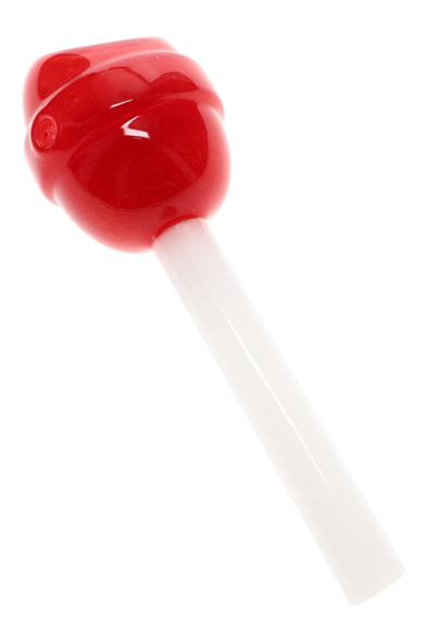 Cherry red 4.5" BigFun glass hand pipe for smoke shop resale, angled close-up with white stem and left carb