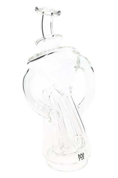 Clear MJ Arsenal Tempest Peak attachment for smoke-shop resale, angled borosilicate recycler side view