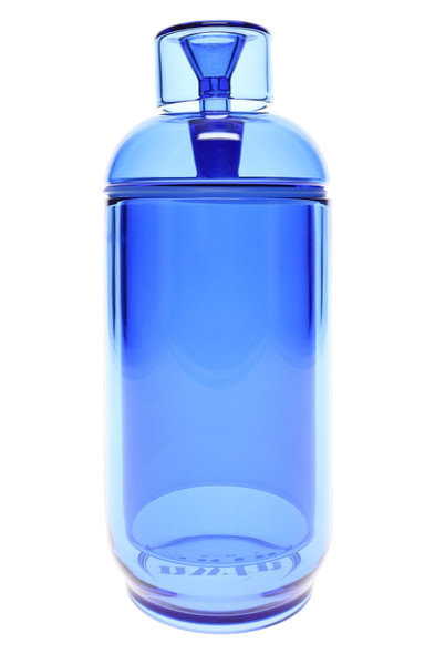 Blue 8" NWTN Home Vesper gravity bong for smoke-shop resale, straight-on tabletop glass view