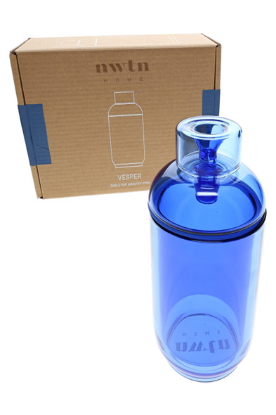 NWTN Home Vesper wholesale gravity bong with blue glass body and branded box, front packaging shot