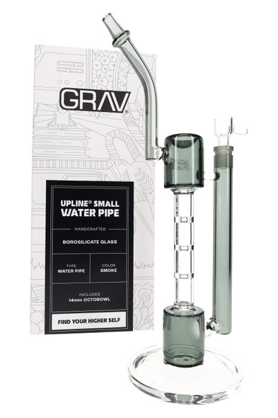 GRAV Smoke Upline wholesale water pipe in smoke borosilicate glass, front angle with branded retail box