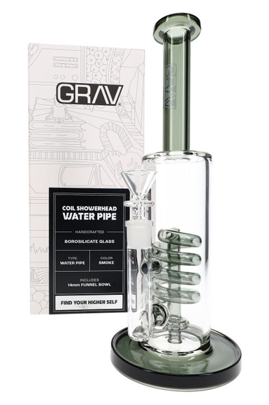 GRAV Smoke Coil Showerhead wholesale water pipe in clear borosilicate glass, angled view with branded retail box