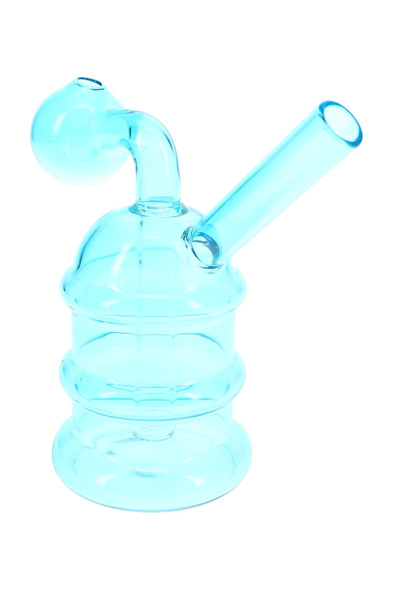 Blue ridged glass oil burner rig with angled neck and round burner bowl, compact smoke-shop glass front view