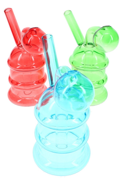 Colorful ridged glass oil burner rigs in red, green, and blue, assorted wholesale mini glass group view
