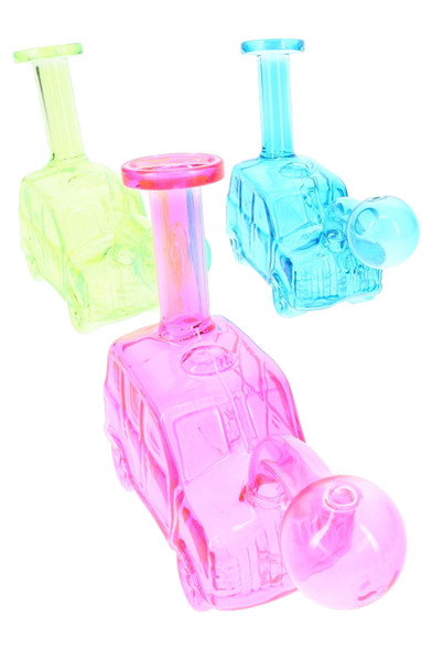 Assorted 5" glass car oil burner rigs in pink, blue, and green, angled view for wholesale smoke shop displays