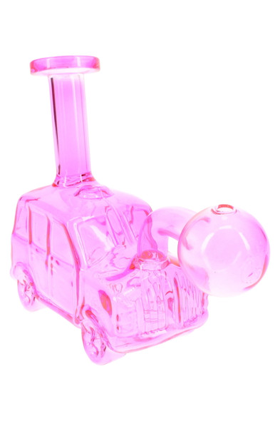Pink 5" glass car oil burner rig with round bowl and front grille detail, side angle for retail smoke gear cases
