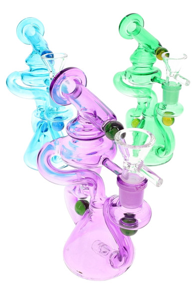 Assorted 6" stemless recycler water pipes in green, blue, and amber glass, group view for wholesale smoke shop displays