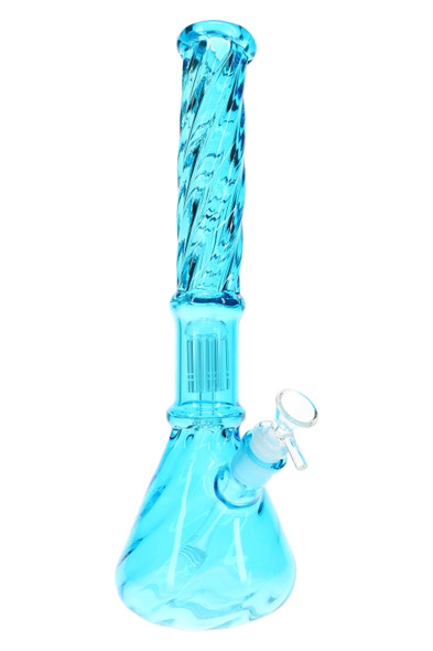 Blue 15" twisted glass beaker water pipe with tree perc and clear male bowl, front angle for retail smoke gear