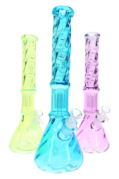 Assorted 15" twisted glass beaker water pipes in blue, pink, and green for wholesale smoke shop showcases